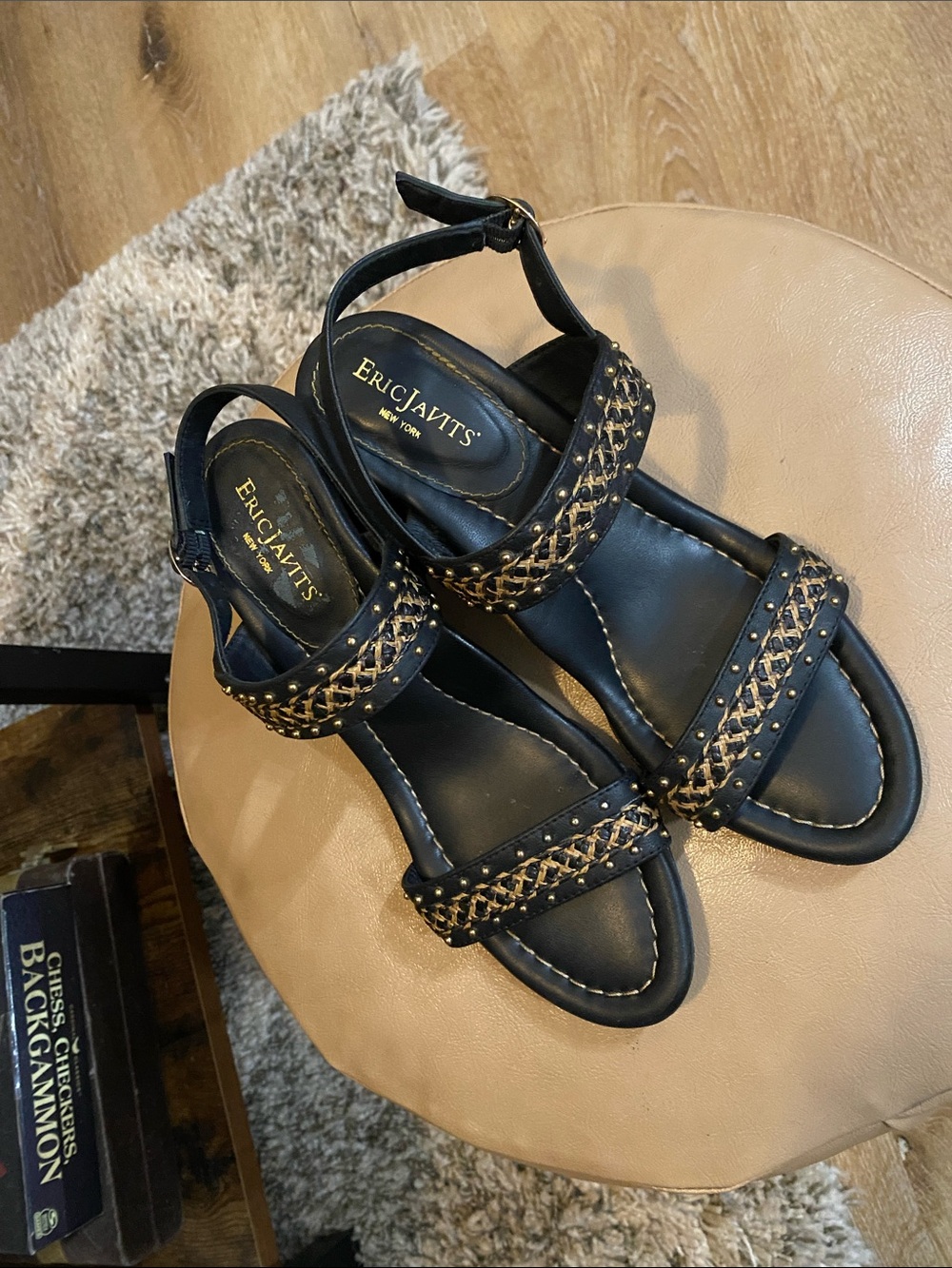 Eric Javits Black Sandals with Gold Braided Straps